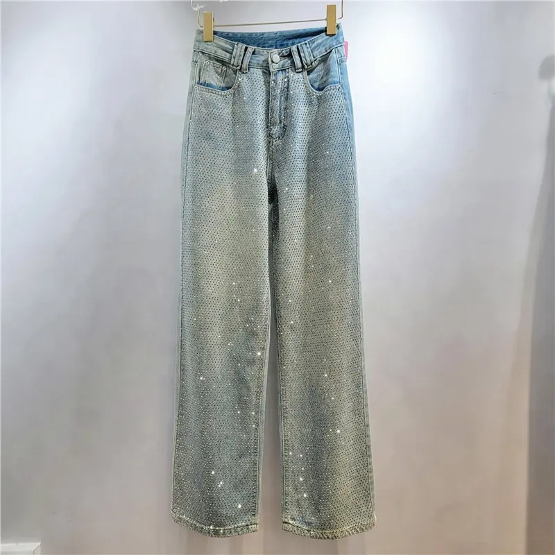 OUDINA สินค้าใหม่ขายร้อนเอวสูงเพชรตรงกางเกงหลวมเลื่อมRhinestones Jean Femmeผู้หญิงกางเกงกางเกงยีนส์กางเกงยีนส์
