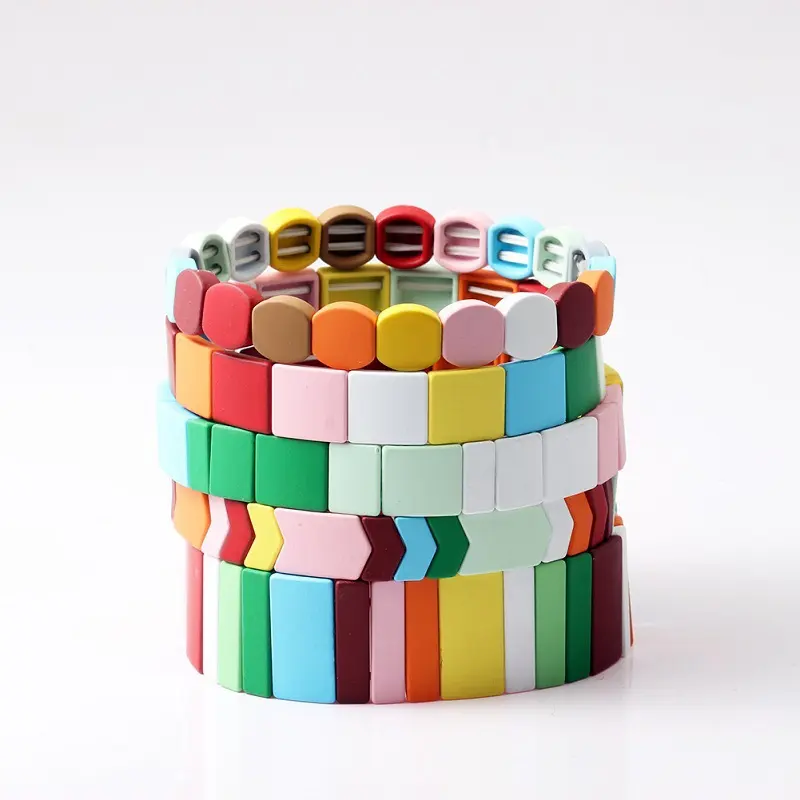 Bohemia New Design Rainbow Enamel Tile Bracelet Handmade Colorful Geometric Enamel Beaded Stretch Bracelet