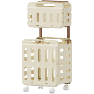 Collapsible Breathable Mildew-Proof Eco-Friendly Modern Plastic 2-Tier Laundry <b>Basket</b> with Pull Rod for Bathroom and Clothing - Product Image 1