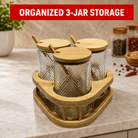 Juego de 3 tarros de especias de vidrio acanalado con tapa de bambú y soporte, contenedor hermético para condimentos con ranura para cuchara, para cocina y barra de té