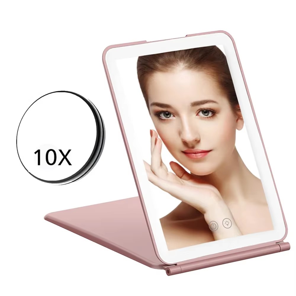 Modern Small Cosmetic Mirror with LED Light Tabletop Folding 10x Magnification Three Color Rechargeable Travel Makeup Mirror