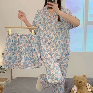 Primavera y verano nuevo cárdigan de tres piezas pijamas de manga corta para mujer primavera y otoño fino lindo dibujos animados verano ropa de casa - Product Image 4