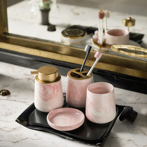 COZY Eco-Friendly Modern Customized Shape Ceramic 4+ Piece <b>Bathroom</b> Lotion/Shampoo/Soap <b>Dispenser</b> <b>Set</b> for Home & Hotel - Product Image 3