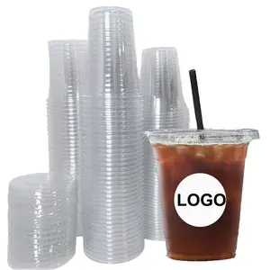 7/8/9/10/10/14/16/18/20/24oz PET Plastic Cup Coffee Bubble Tea Plastic Cold Drink Cup With Lid Logo Customized