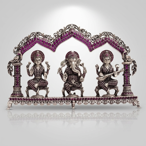 Ensemble d'idoles Ganesha Lakshmi Saraswati en argent 92,5 orné de rubis, statue religieuse décorative pour temple et maison - Product Image 4