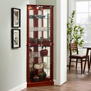 DB Cherry Corner Curio Vitrine avec étagères réglables en verre trempé et ampoule E26 à dos miroir non incluse - Product Image 1