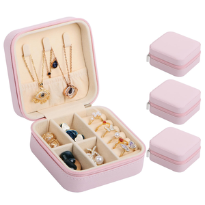 Hot Selling Portable Travel Square Leather Jewelry Organizer Storage <b>Box</b> with Zipper for Ring <b>Earrings</b> Necklace Case - Product Image 1