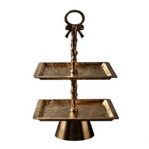 Modern Gold Metal 2 Tier Square Cake Stand Luxury <b>Hammered</b> Dessert Display Tray Pedestal Bow Handle Cupcake <b>Holder</b> - Product Image 1