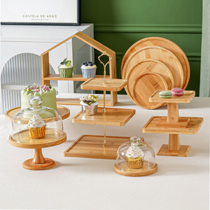 Soporte de madera maciza para exhibir pasteles con cúpula de vidrio para servir postres en el té de la tarde, bandeja de varios niveles para buffet. - Product Image 3