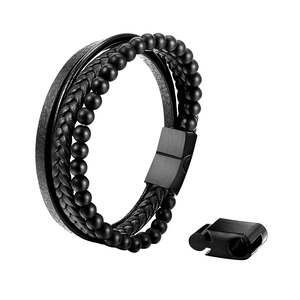 Thời Trang Nhiều Lớp Dệt Bện Vòng Đeo Tay Bằng Da Cho Nam Giới Đá Tự Nhiên Dung Nham Đính Cườm Vòng Đeo Tay Nam Bangles - Product Image 2