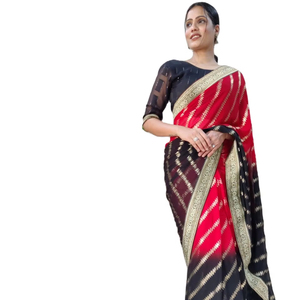 Sari de Fiesta de Dos Tonos en Georgette con Estampado de Lámina en Toda la Superficie y Borde de Encaje Tejido Integrado, Sari Elegante para Venta al por Mayor - Product Image 1