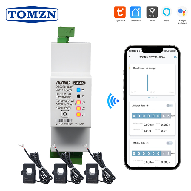 TOMZN DTS238-2L3W WiFi Three Circuit Single Phase Energy Meter 100A 85-300V 50/60Hz LCD kWh Monitor RS485 Modbus-RTU Class 1