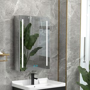 Moderno espejo de <span class=keywords><strong>baño</strong></span> <span class=keywords><strong>con</strong></span> estantes de vidrio templado interno montado en la pared de acero inoxidable <span class=keywords><strong>con</strong></span> gabinete de almacenamiento <span class=keywords><strong>y</strong></span> <span class=keywords><strong>luz</strong></span> LED - Product Image 1