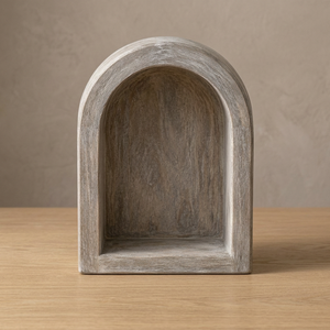 Étagère murale rustique artisanale à double niveau en bois de manguier avec niche cintrée |   Meubles de rangement pour salon, design Santorini, vente en gros - Product Image 2
