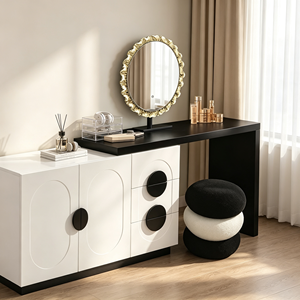 Ensemble de coiffeuse moderne avec miroir rond, armoire blanche et tabouret noir, table de maquillage pour chambre à coucher - Product Image 4