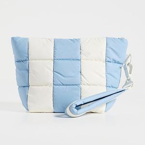 Women's Custom Eco-Friendly Nylon Waterproof Quilted Makeup Organizer Pouch Blue Striped Large Capacity Lightweight Durable - Product Image 1