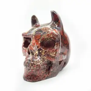 Folk Crafts Natur kristall Quarz Feng Shui Dekoration Roter Jaspis Schädel Mit Teufels horn Für Heim textilien