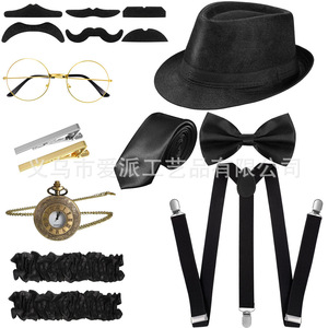Conjunto de Disfraz de Gatsby para Hombre: Sombrero Negro, Tirantes, Corbata de Moño, Gafas y Reloj de Bolsillo - Product Image 1