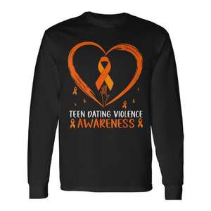 T-shirt à manches longues unisexe à col rond avec impression sérigraphiée « Orange Heart Ribbon » pour la sensibilisation à la violence en milieu des adolescents, idéal pour les événements de marche et de course - Product Image 1