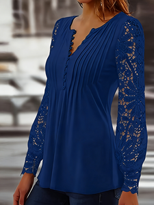 Blusa Casual de Primavera/Otoño para Mujer, Estilo Europeo, Sexy, de Encaje, Manga Larga, Talla Grande, Corte Holgado, con Fibra de Leche y Cuello en V con Botones - Product Image 4