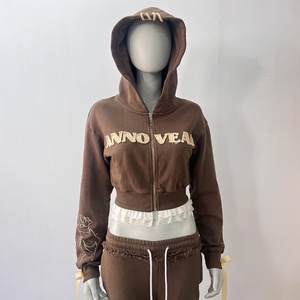 Women High Quality Distress Embroidery Patch Pullover Hoodies Sweatshirt Custom <b>Crop</b> Lace Distressed <b>Zip</b> <b>up</b> Hoodie Women - Product Image 1