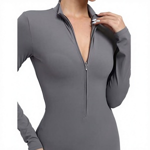 Combinaison longue grise pour femme à manches longues et taille haute avec fermeture éclair, coupe ajustée, en Spandex et Polyester, idéale pour le yoga - Product Image 3