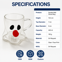 Taza de Vidrio de Doble Pared Aislada de 440 ml con Asa en Forma de C, Diseño de Cara Impresa, Base Ondulada, para Café, Té, Regalo de Halloween, con Diseño de Fantasma