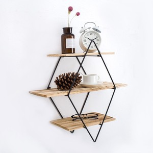 Nordic Style Wall <b>Shelf</b> Diamond Black Iron Wood 3 Tier Storage <b>Rack</b> For Living Room Bedroom Home Organization - Product Image 2
