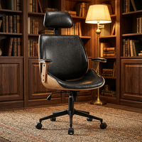 Chaise de bureau exécutive ergonomique de style mid-century moderne en bois courbé et cuir PU avec appui-tête fixe et pivotant réglable en hauteur