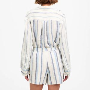 ชุดลำลองชายหาดผ้าลินินแฟชั่นใหม่สำหรับฤดูร้อน ขายส่ง เสื้อแขนยาวพร้อมกางเกงขาสั้นลายทาง ชุดเซ็ต 2 ชิ้นสำหรับผู้หญิง ระบายอากาศได้ดี - Product Image 4