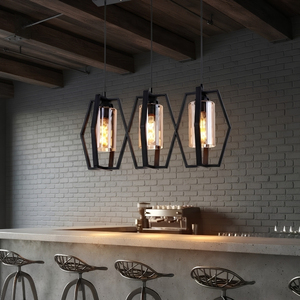 Luminaire suspendu hexagonal à 3 lumières, abat-jour en verre transparent industriel pour îlot de cuisine - Product Image 4