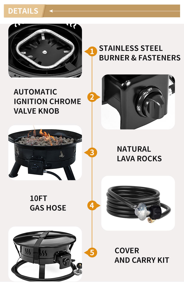 Outdoor Camping Carbon Portable Propane Gas Fire Pit With Cover & Carry Kit
