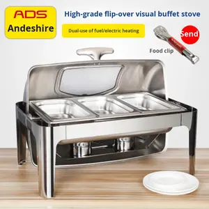 Estufa Buffet Eléctrica de Acero Inoxidable Plateado con Cubierta Rectangular Abatible Visible, Aislamiento Térmico y Quemador de Alcohol para Desayuno - Product Image 3