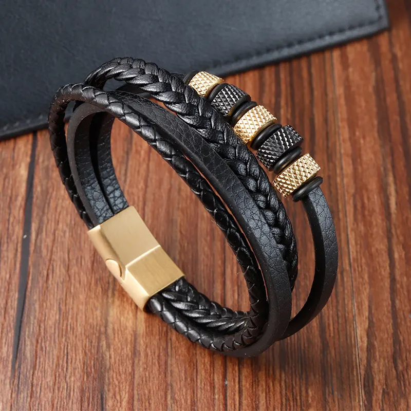 Winter New Design Punk Black Braid Leather Bracelets Men Cool Stainless Steel Black Gold Bracelets For Men Jewellery