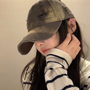 Washed Distressed Ripped Baseball <b>Cap</b> For <b>Women</b> Cotton Denim Sun Hat American Retro Style Duckbill <b>Cap</b> Pink Blue Off White - Product Image 2
