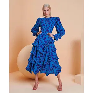 A5670 New Collection O Neck Floral Printed Casual Dress Ruffles Long Sleeves Plus Size Women MIdi Dress