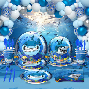 Shark Party Supplies Birthday Decor Paper Plates Cups Balloons Tableware Set 60-80 Pcs Environment Friendly Venue Setup - Product Image 1