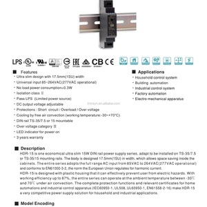 Alimentation à découpage Meanwell HDR-15-48 ultra-mince en forme de marche pour rail DIN, micro-onduleur AC/DC, Chine, 15W 48V - Product Image 6