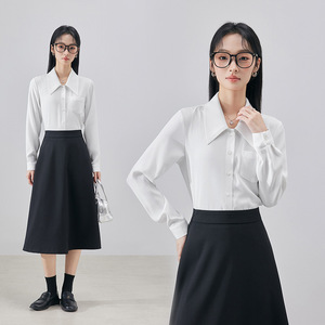 Women's Long Sleeve White Blouse Solid Color Poplin Office Wear Shirt Slim Fit V Neck Professional Elegant Spring Autumn - Product Image 1