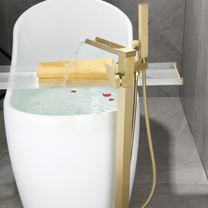 All Copper Brushed Gold Floor Bathtub Faucet Waterfall Shower Pedestal With Rectangle Rain Showerhead - Product Image 2