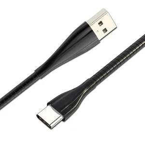 Cabo micro usb flexível para iphone e samsung, alta qualidade, 1m, liga de zinco, mangueira de metal tipo c