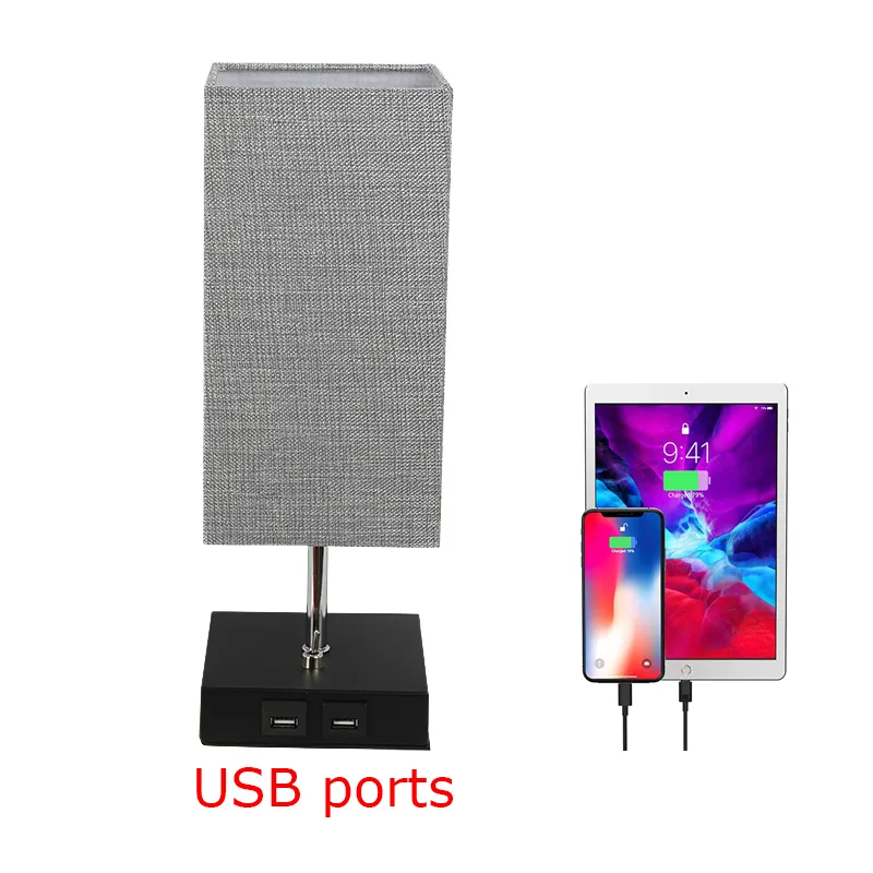 Nordic Minimalist Hotel Home Decor Gray Square Fabric Shade Bedside Mobile USB Port Table Lamp With USB Port