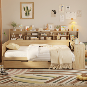 <span class=keywords><strong>Lit</strong></span> de jour <span class=keywords><strong>en</strong></span> bois pleine grandeur avec étagères de rangement, <span class=keywords><strong>lit</strong></span> multifonctionnel avec <span class=keywords><strong>lit</strong></span> <span class=keywords><strong>gigogne</strong></span> double et bureau d'étude, blanc antique - Product Image 4