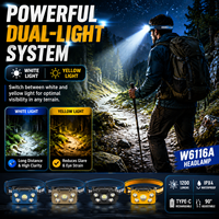 Lampe frontale LED portable étanche W6116A, 1800 mAh, rechargeable par Type-C, pour le camping, la randonnée, le travail en extérieur