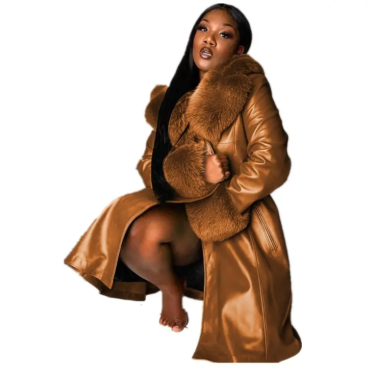 Women's High Quality Plus Size Long Coats with Fur Collar Leather Puffer Jacket Winter