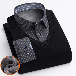 Maglione Invernale da <span class=keywords><strong>Uomo</strong></span> in Pile Caldo e Spesso, Finto Due Pezzi, con Collo a Risvolto, Casual, a Maniche Lunghe, Lavorato a <span class=keywords><strong>Maglia</strong></span> - Product Image 3