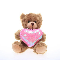 Ours en peluche marron mocha de 6 pouces, tenant un cœur à sequins réversibles rose, arc-en-ciel et rouge, ornement souvenir câlin