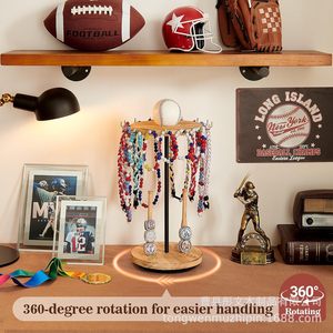Wooden Baseball Ring <b>Display</b> <b>Stand</b> With Necklace Rack <b>Rotatable</b> Desktop Storage For Jewelry And Champion Rings - Product Image 3