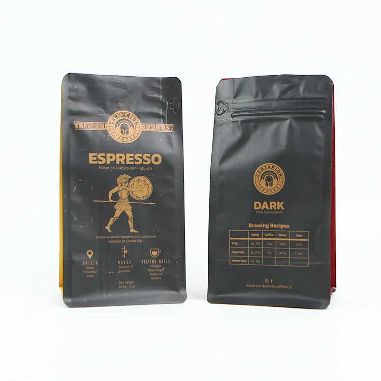 Túi Cà phê đen phân hủy sinh học có van và dây kéo tùy chỉnh in bolsas Para cafe đáy phẳng túi Cà phê