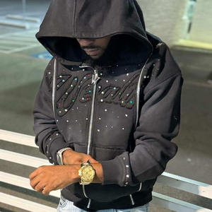 Streetwear personnalisé Sun Fade Hooded Heavyweight Diamond Acid Wash Sweats à capuche couverts de strass pour les hommes - Product Image 5